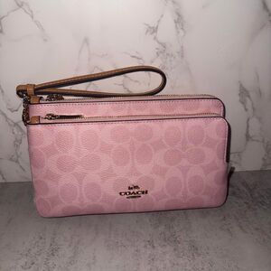 Coach Powder Pink Double Zip Wallet In Signature Canvas